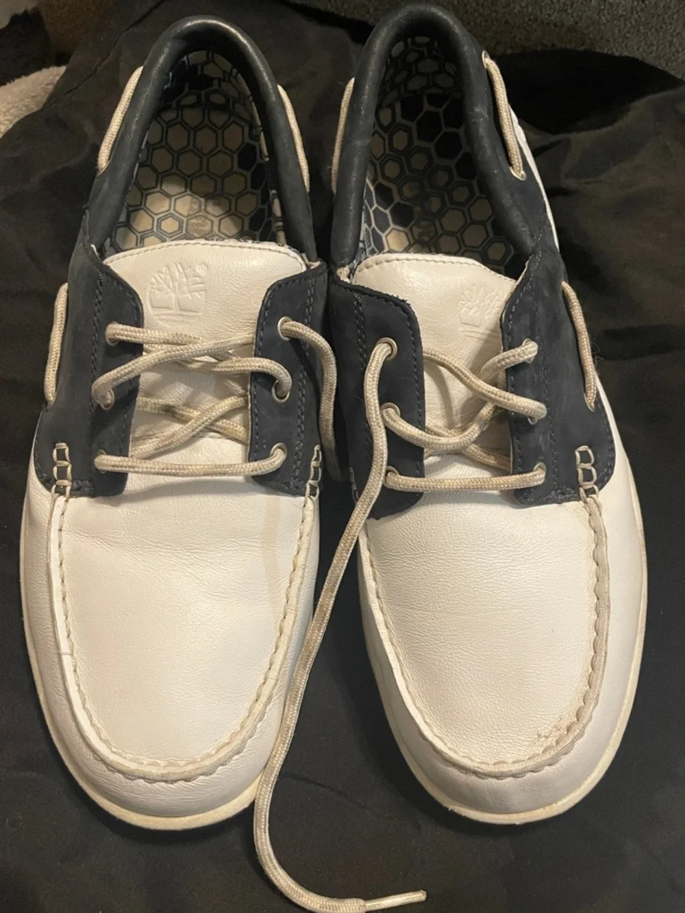 Timberland Two-Tone White and Navy Leather Boat Shoes